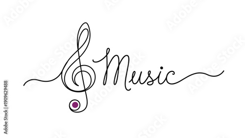Minimalist one line drawing of a musical treble clef combined with the word music in a flowing and elegant script style on white.