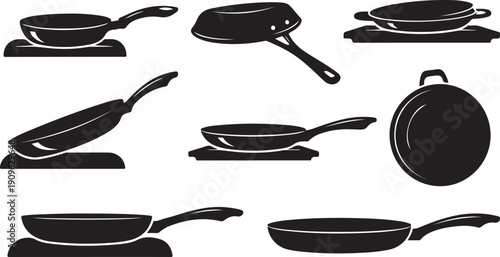 Collection of black frying pans and cooking utensils icons