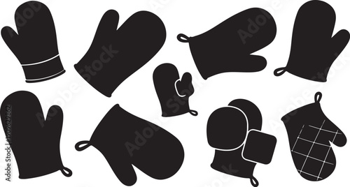 Collection of black oven mitts and gloves on white