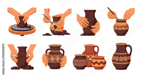 Hands crafting pottery a collection of vessels in various stages of creation