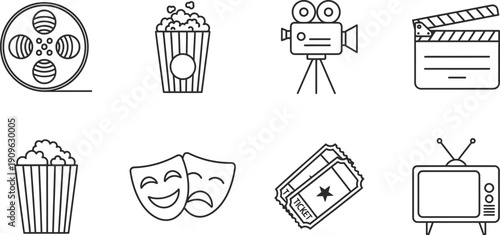 A collection of film and theater icons on a white background