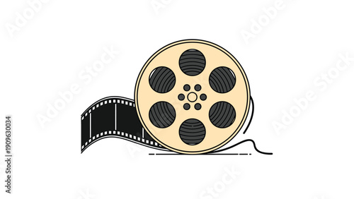 Classic movie film reel with a strip of film coming out, rendered in a clean flat illustration style for cinema and media concepts.