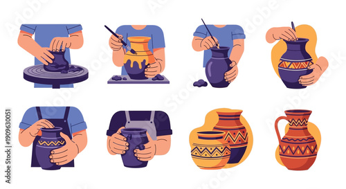 Hands crafting pottery a collection of vessels in various stages of creation