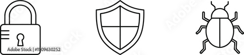 A set of security icons including a padlock, shield, and bug