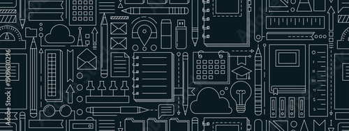 Back to school seamless pattern with study supplies and office stationery. Geometric poster of education and work concept with icons of pen, pencil, book, notebook, calendar and folders, vector illust