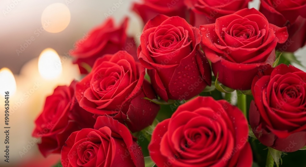 Fototapeta premium Red Roses Bouquet with Candlelight Romantic Background