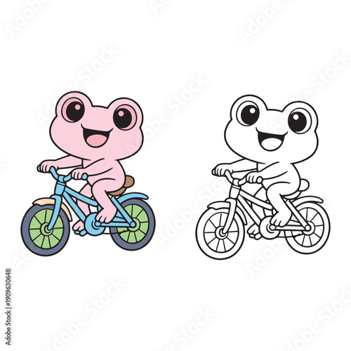 Cute Frog Riding Bicycle Cartoon Vector – Color and Outline Version Set