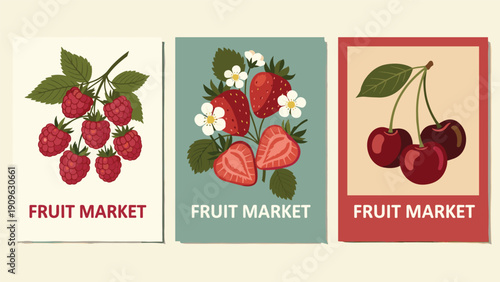 Trio of vintage style fruit market posters illustrating clusters of raspberries, strawberries, and cherries with classic bold typography.