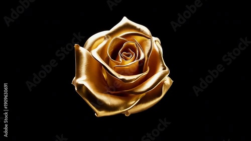 Luxurious 3D animation of molten gold liquid morphing into a rose shape with fluid simulation.