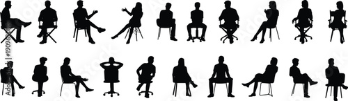Flat vector silhouettes of eighteen seated individuals in diverse postures on various chairs representing communication diversity workplace culture office illustration design