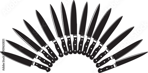 Collection of sharp kitchen knives on white background display