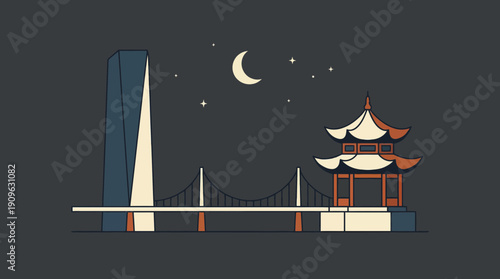 Minimalist vector illustration of a modern skyscraper, suspension bridge and traditional pagoda at night, concept for architectural presentations, travel advertisements and cultural infographics,