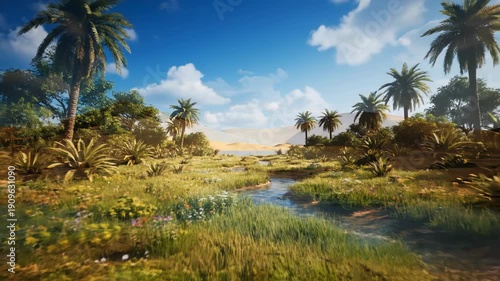 A barren desert transforms into a vibrant, lush oasis. Water brings life, creating a beautiful, thriving ecosystem.