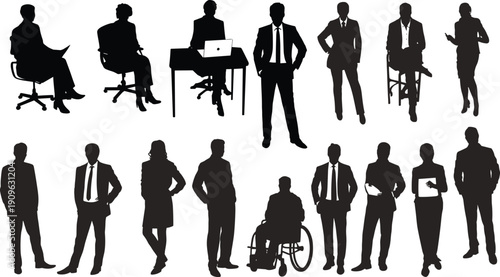 Flat vector silhouettes of fifteen diverse business professionals in corporate attire seated and standing teamwork communication collaboration office culture illustration design