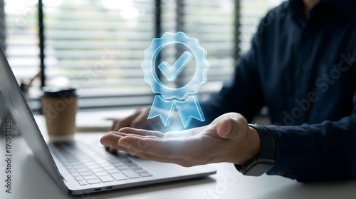 Wallpaper Mural Business professional touching a virtual ISO certification badge and checklist interface, symbolizing international quality standards and compliance. Torontodigital.ca