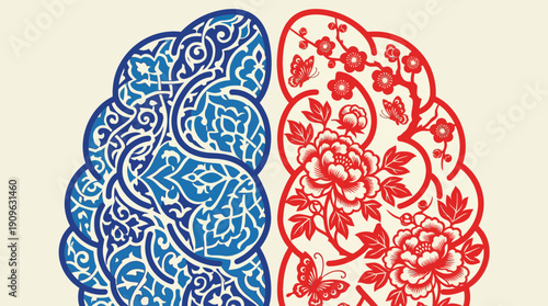 Brain illustration combining blue Islamic arabesque design and red Chinese paper-cut floral patterns, concept for cultural studies, design contrast and educational content