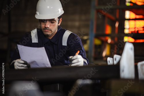 Obraz na plátně Industrial worker measuring a metal component in a factory workshop while wearing safety helmet and gloves, ensuring precision, quality control, and workplace safety in manufacturing process