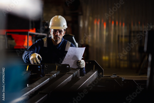 Industrial worker measuring a metal component in a factory workshop while wearing safety helmet and gloves, ensuring precision, quality control, and workplace safety in manufacturing process.
