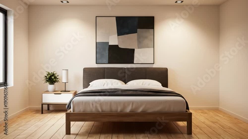 Starts with an empty room, then adds a bed. Furniture, decor, and lighting complete the modern bedroom.