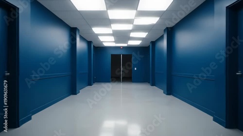 A neglected hallway transforms into a modern, brightly lit, clean space. The renovation reveals a sleek, blue corridor with polished floors and new doors.