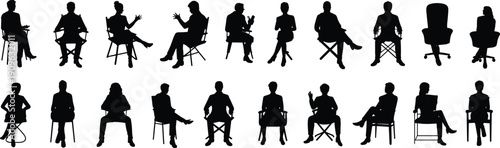 Flat vector silhouettes of twenty seated individuals in diverse postures on various chairs representing communication diversity workplace culture office illustration design