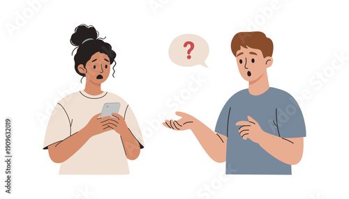 Couple Misunderstanding After Text Message. Confused Man and Woman with Smartphone