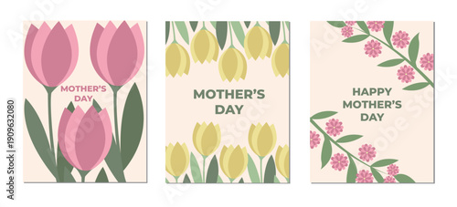 Mother’s Day Floral Card Set with Tulips and Spring Blossoms – Elegant Botanical Greeting Collection in Soft Pastel Colors