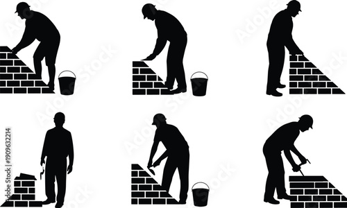 Bricklayer worker silhouettes building wall with trowel, professional masonry labor isolated on white background