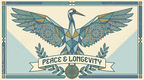 Stylized geometric crane illustration featuring Islamic patterned wings and a banner inscription "Peace & Longevity", concept for oriental posters, luxury packaging and cultural event decoration
