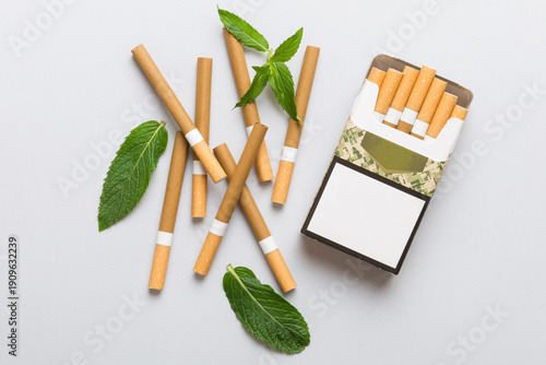 Tableau sur toile Pack of menthol cigarettes and fresh mint on colored table, Menthol cigarettes t