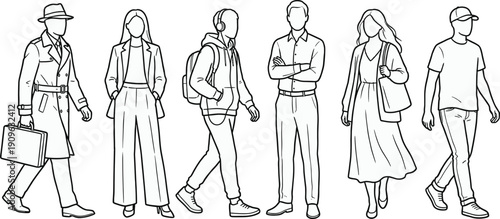 Vector set of diverse people in casual and professional outfits walking and standing, minimalist line art characters, isolated icons