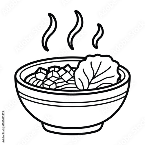 Steaming bowl of Asian noodles with leafy greens line art illustration, ideal for restaurant menus, minimalist food branding, culinary posters, packaging design, and modern Asian cuisine visuals
