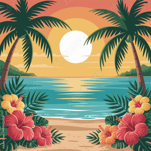Hand drawn Hawaii, holiday illustration background with tropical island elements, beach vibes, summer travel mood, and relaxed vacation atmosphere for creative design projects
