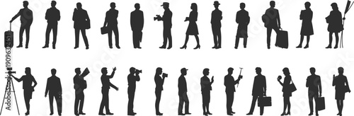 Business people and professional worker silhouettes collection, men and women with equipment set isolated on white background