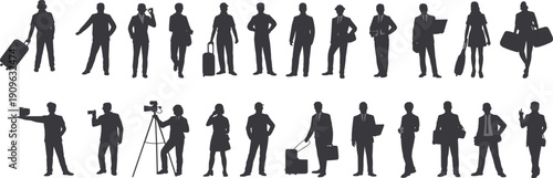 Business people silhouettes collection, professional men and women with luggage and equipment isolated on white background