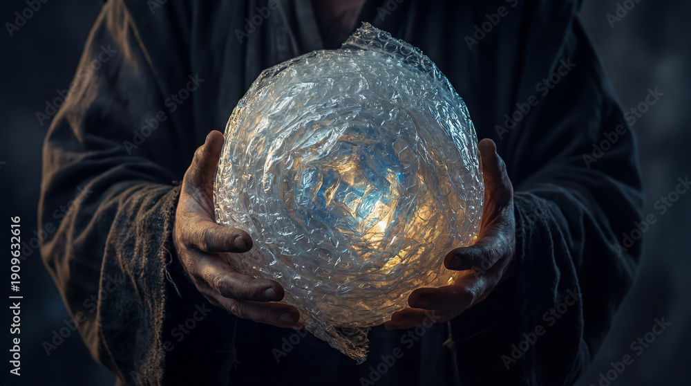 Obraz premium Close-up of a monk or wizard's hands holding a glowing magical sphere made from bubble wrap