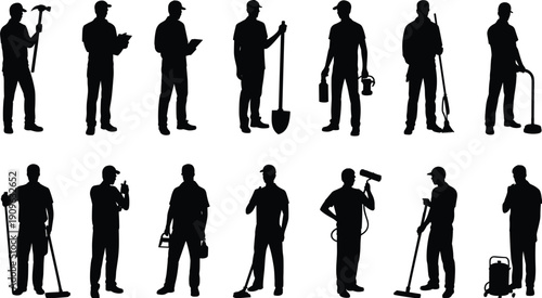 Cleaning workers silhouette set janitors with equipment housekeeping service black vector illustration isolated
