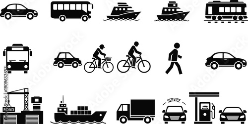 Icons of transportation and infrastructure including cars, buses, boats, trains, cargo ships, trucks, and service stations