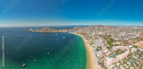 Aerial view of the Arch of Cabo San Lucas, the tip of Baja California Sur, Mexico.