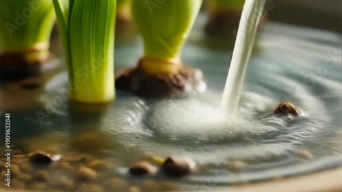 Close up of green plant bulbs growing in water with fresh watering in a pot for indoor gardening