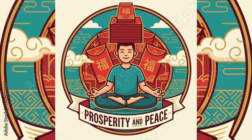 Vector illustration of a man meditating with a stack of lucky red envelopes and prosperity symbols, concept for Chinese New Year, peace promotion and personal finance marketing