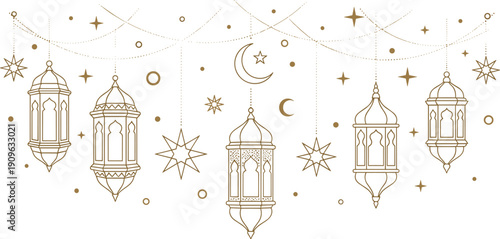Ramadan Eid festive lantern crescent moon star vector set, Islamic ornament clipart gold outline design, cultural illustration artwork bundle