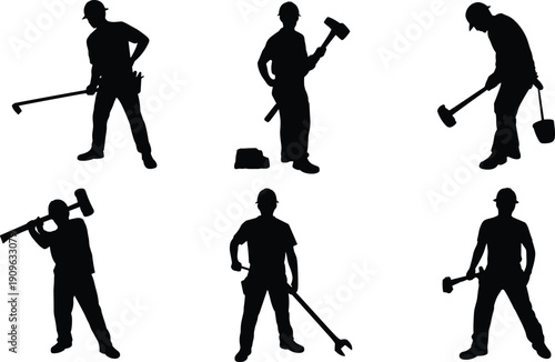 Construction laborer silhouettes with sledgehammer and tools, professional demolition workers isolated on white background