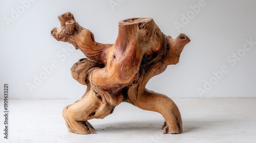 Gnarly, organically shaped piece of polished tree root rests on a pale surface.