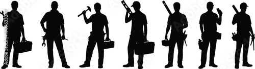 Construction handyman silhouettes with toolbox and tools, professional builder workers isolated on white background