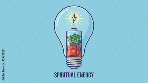 Graphic of a light bulb containing a battery charged with prayer mats and envelopes, representing spiritual energy, concept for religious motivation, community service and personal development