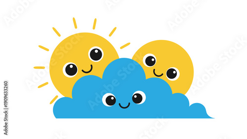 Cute weather characters featuring two smiling yellow suns and one happy blue cloud for children education and nursery wall decoration.