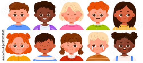 Set of diverse children faces showing different emotions. Multicultural boys and girls expressing happiness, sadness, surprise. Education and learning concept. Vector illustration in cartoon style