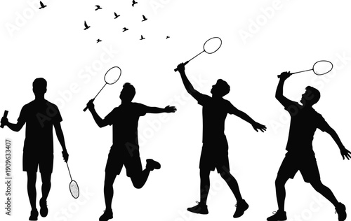 Badminton silhouette illustration set, players in dynamic poses with rackets and shuttlecock, outdoor sports activity concept, fitness and recreation vector artwork collection
