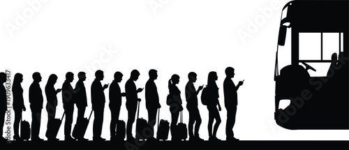 Bus travel people silhouette vector set, black white clipart of passengers luggage backpacks mobile phones, public transport illustration artwork bundle